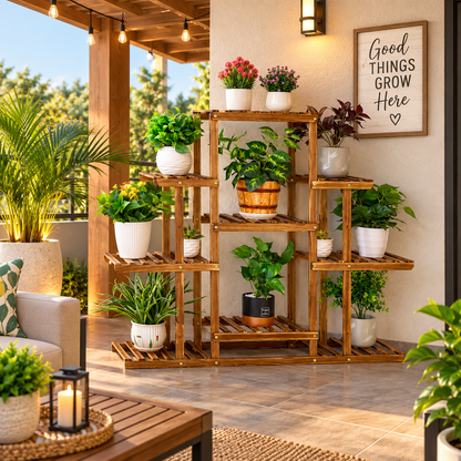 9-Tier Wooden Plant Stand for Indoor & Outdoor Use